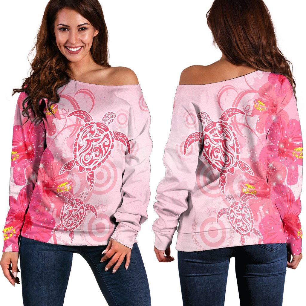 Hawaii Turtle Hibiscus Vintage Pink Women's Off Shoulder Sweater - AH Black - Polynesian Pride