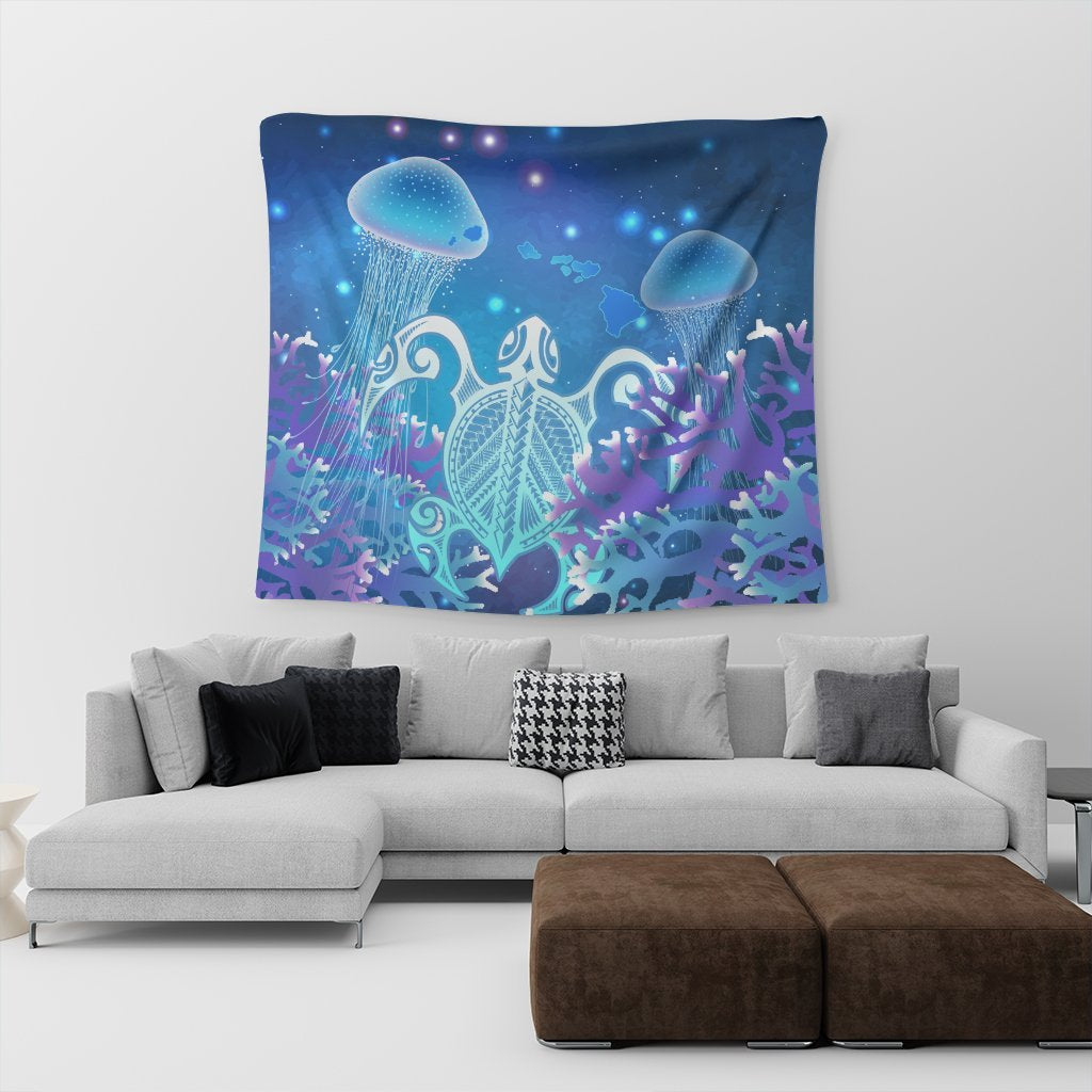 Hawaii Turtle Jellyfish Coral Tapestry Galaxy Tapestry - AH - Polynesian Pride