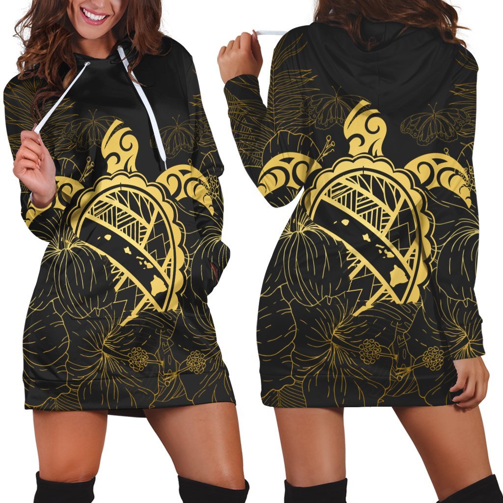 Hawaii Turtle Kanaka Golden Hoodie Dress - AH Black - Polynesian Pride