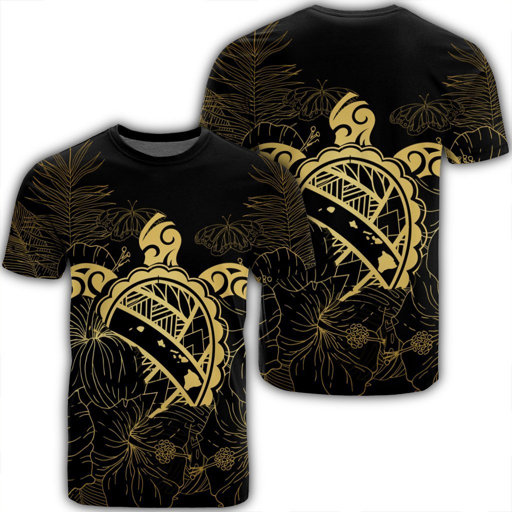 Hawaii Turtle Kanaka Golden T Shirt Unisex Black - Polynesian Pride