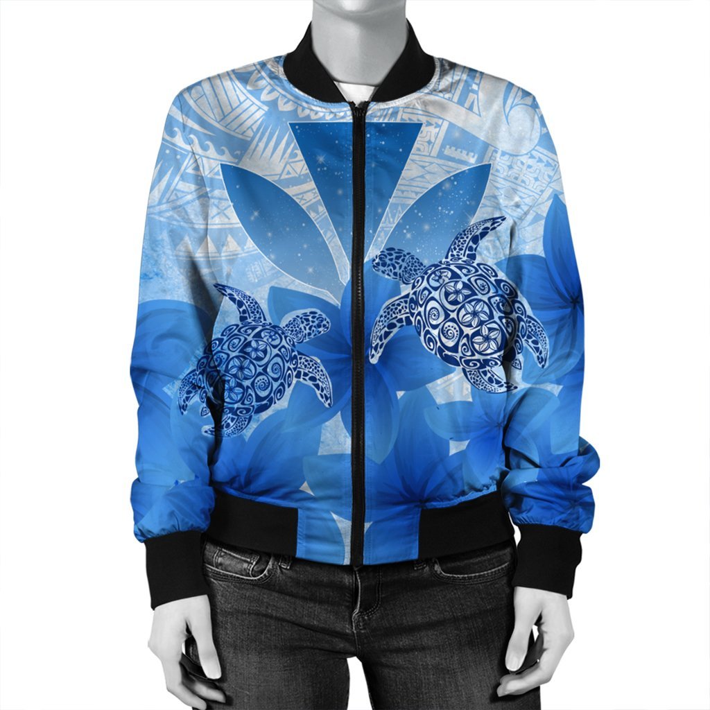 Hawaii Turtle Kanaka Plumeria Polynesian Bomber Jacket Blue - AH - Polynesian Pride