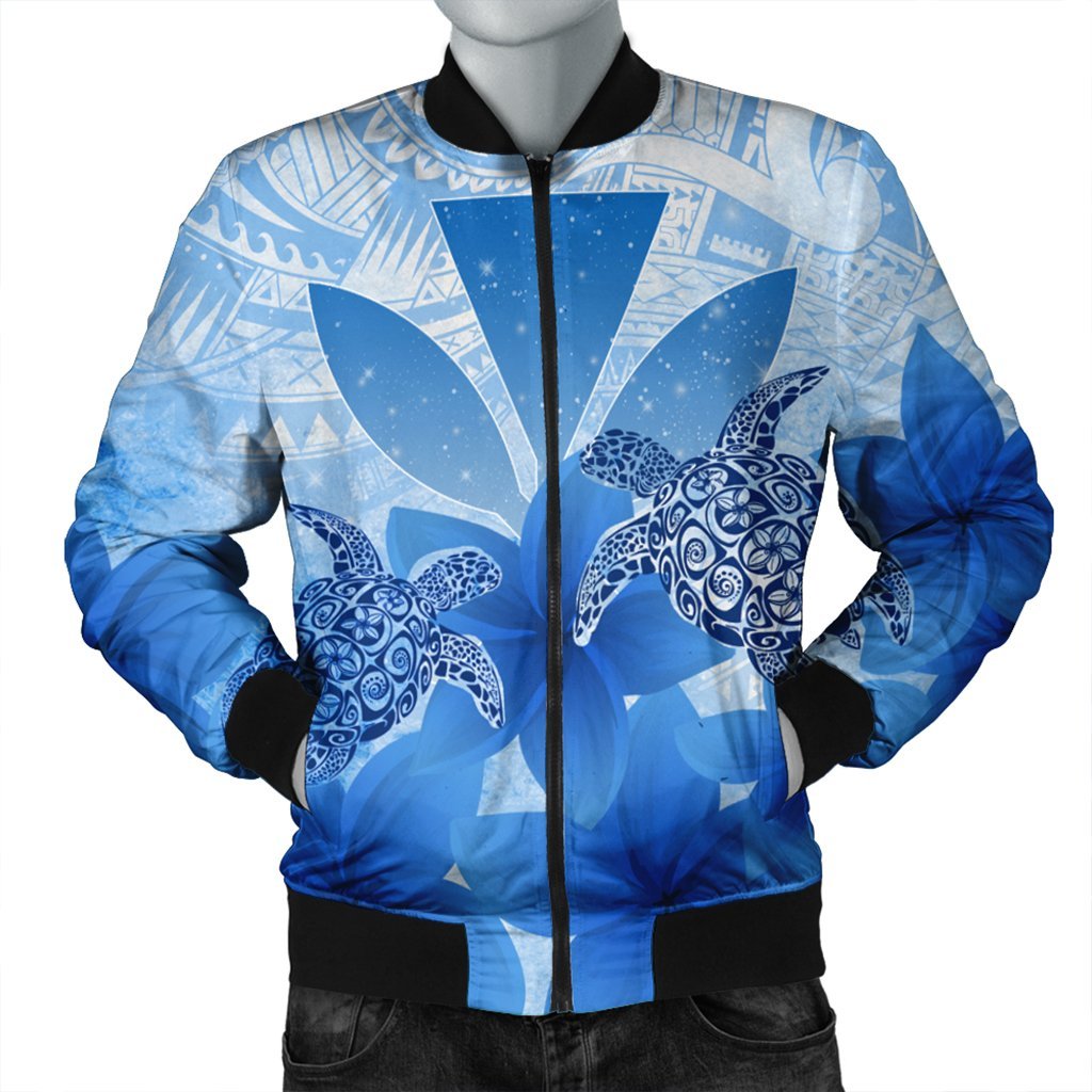 Hawaii Turtle Kanaka Plumeria Polynesian Bomber Jacket Blue - AH Black Unisex - Polynesian Pride