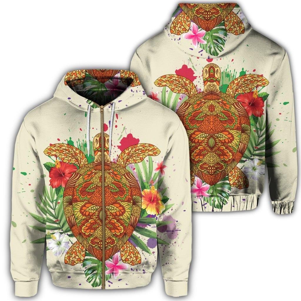 Hawaii Turtle Life Hibiscus Design Zip Hoodie Unisex Art - Polynesian Pride