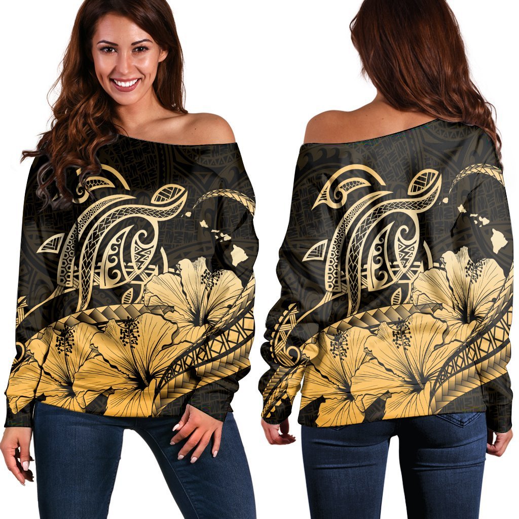 Hawaii Turtle Map Polynesian Women's Off Shoulder Sweater Safety - AH Black - Polynesian Pride