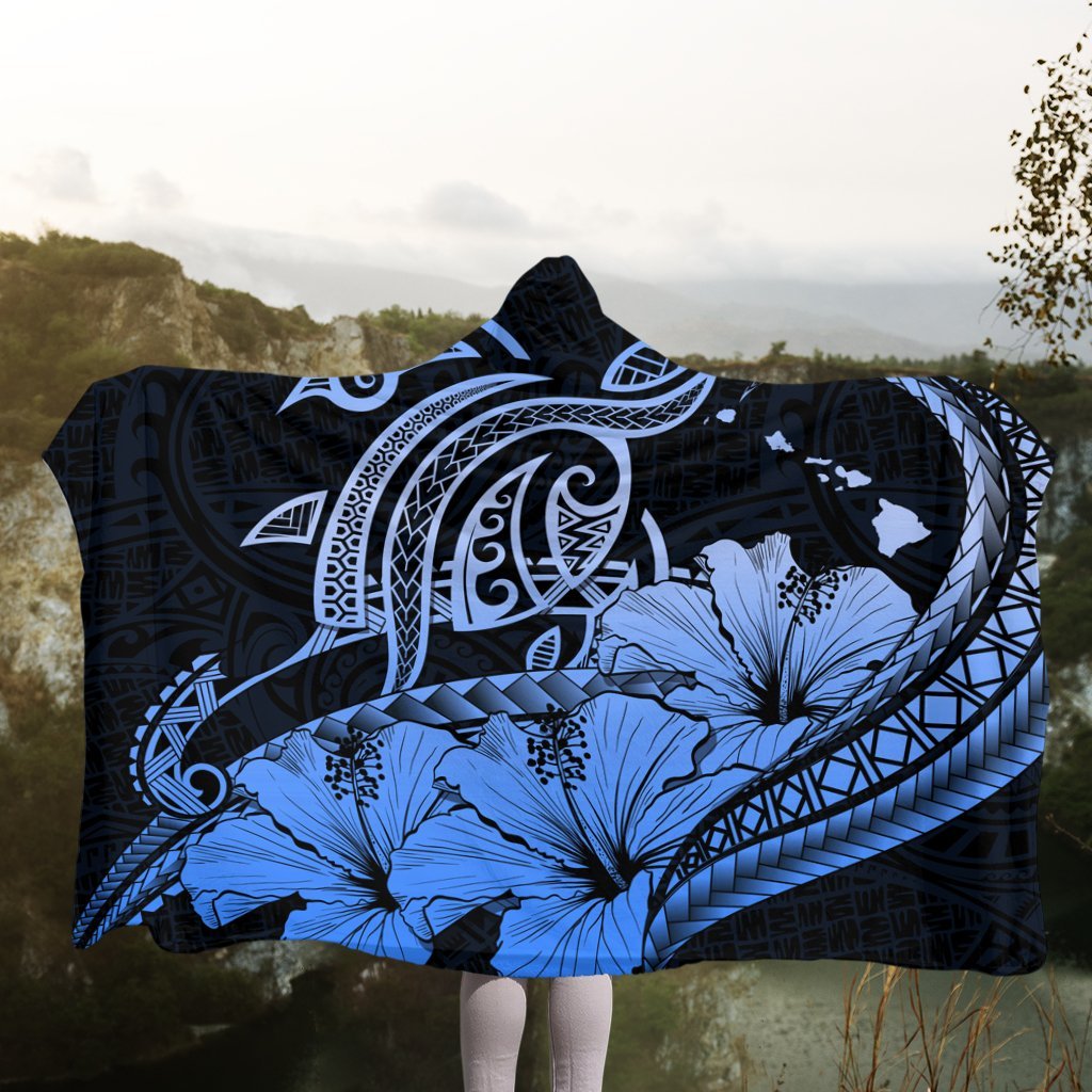 Hawaii Turtle Map Polynesian Hooded Blanket Safety Blue - AH - Polynesian Pride