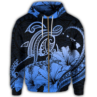 Hawaii Turtle Map Polynesian Zip Hoodie Safety Blue - Polynesian Pride