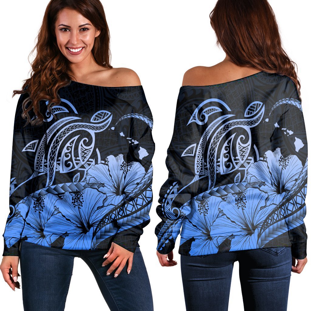 Hawaii Turtle Map Polynesian Women's Off Shoulder Sweater Safety Blue - AH Black - Polynesian Pride