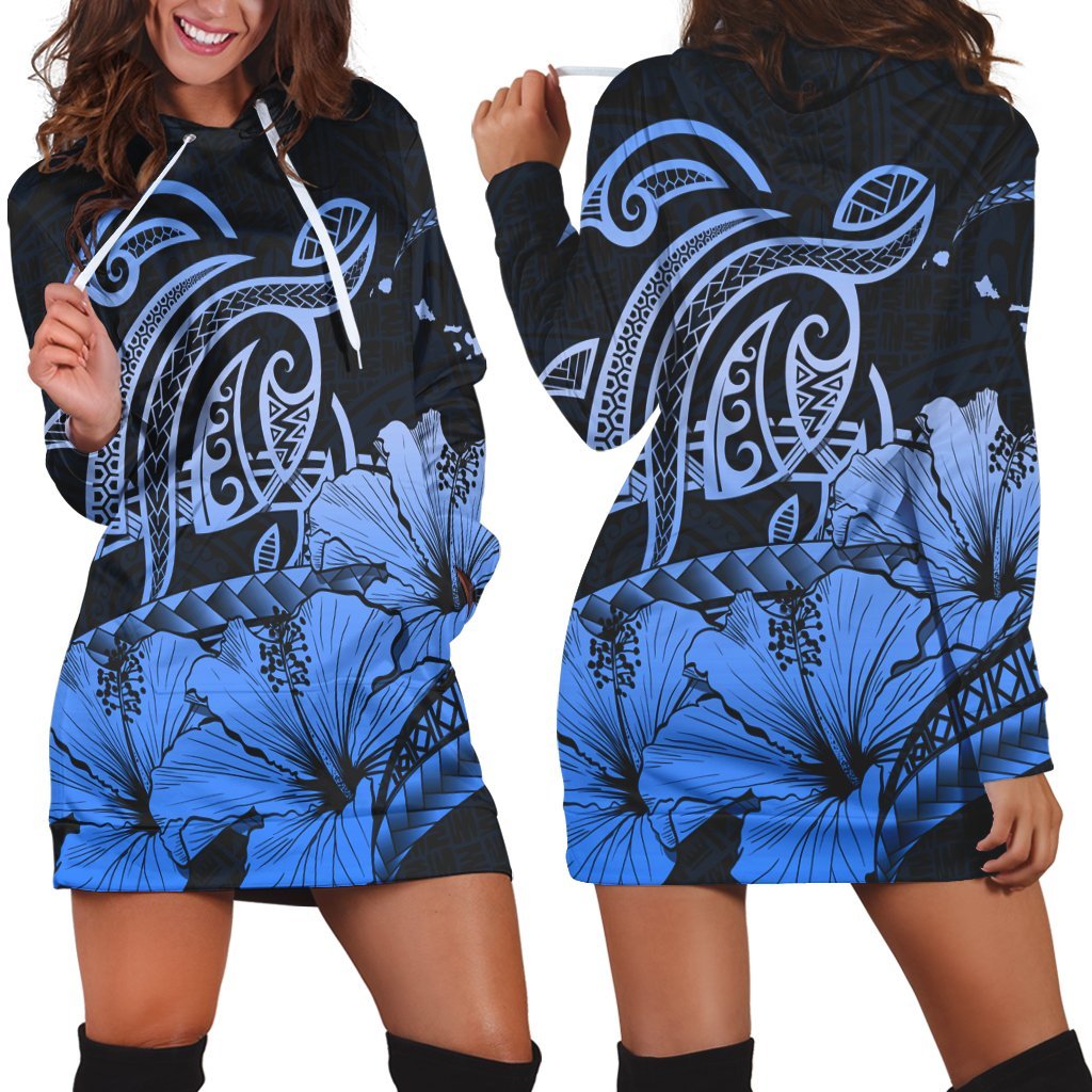 Hawaii Turtle Map Polynesian Hoodie Dress Safety Blue - AH Black - Polynesian Pride