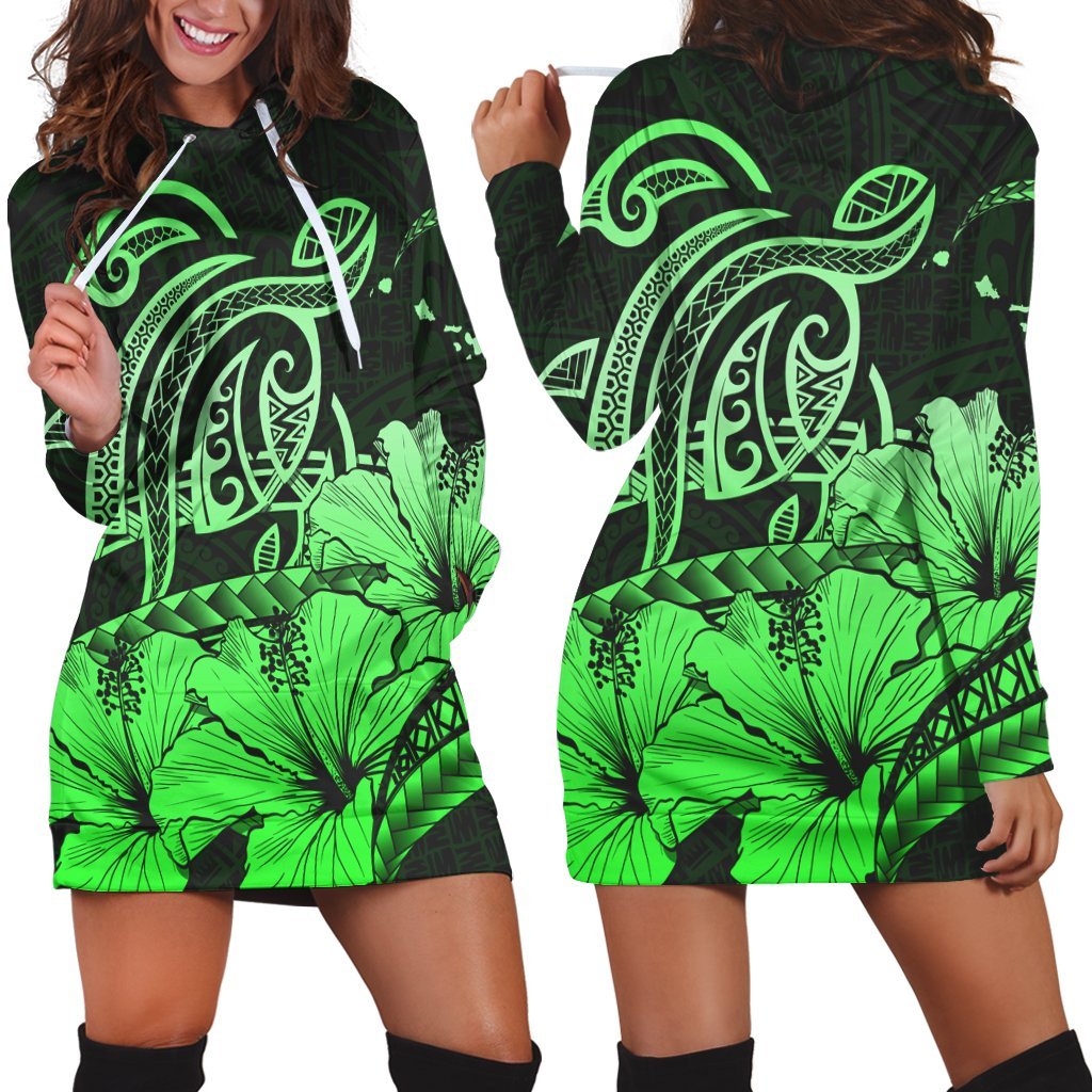 Hawaii Turtle Map Polynesian Hoodie Dress Safety Green - AH Black - Polynesian Pride