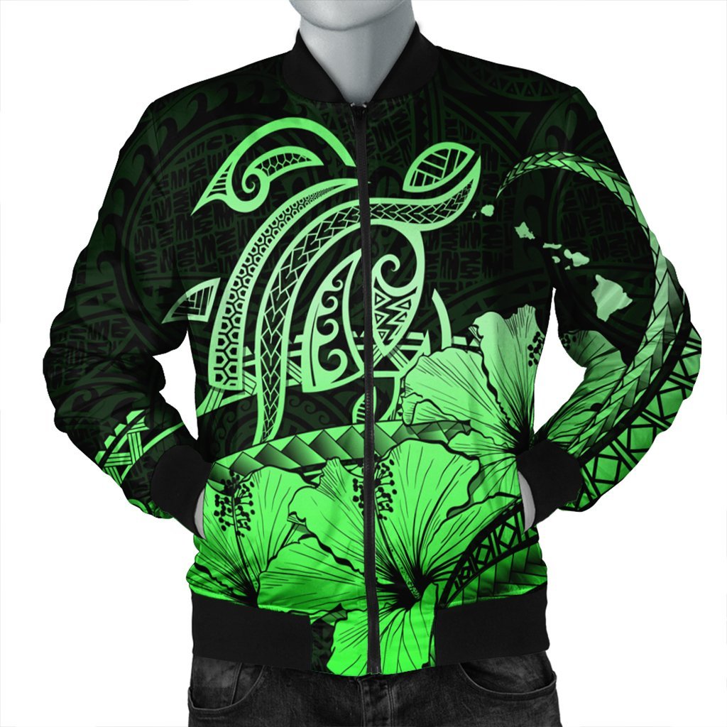 Hawaii Turtle Map Polynesian Bomber Jacket Safety Green - AH Black Unisex - Polynesian Pride