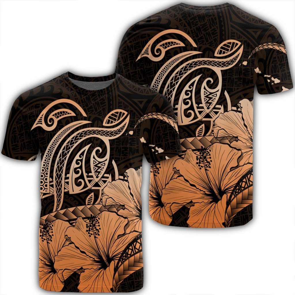 Hawaii Turtle Map Polynesian T Shirt Safety Orange Unisex Black - Polynesian Pride