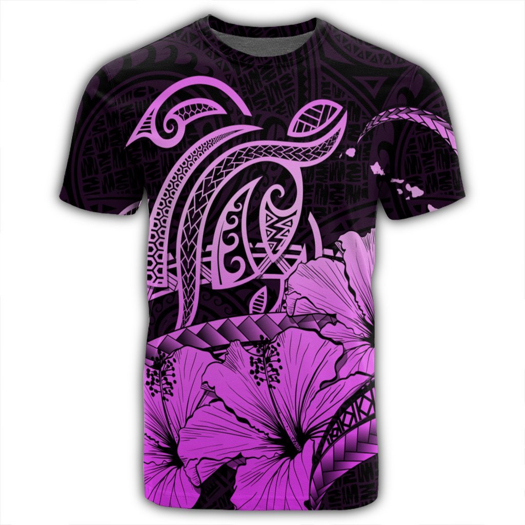 Hawaii Turtle Map Polynesian T Shirt Safety Pink - Polynesian Pride