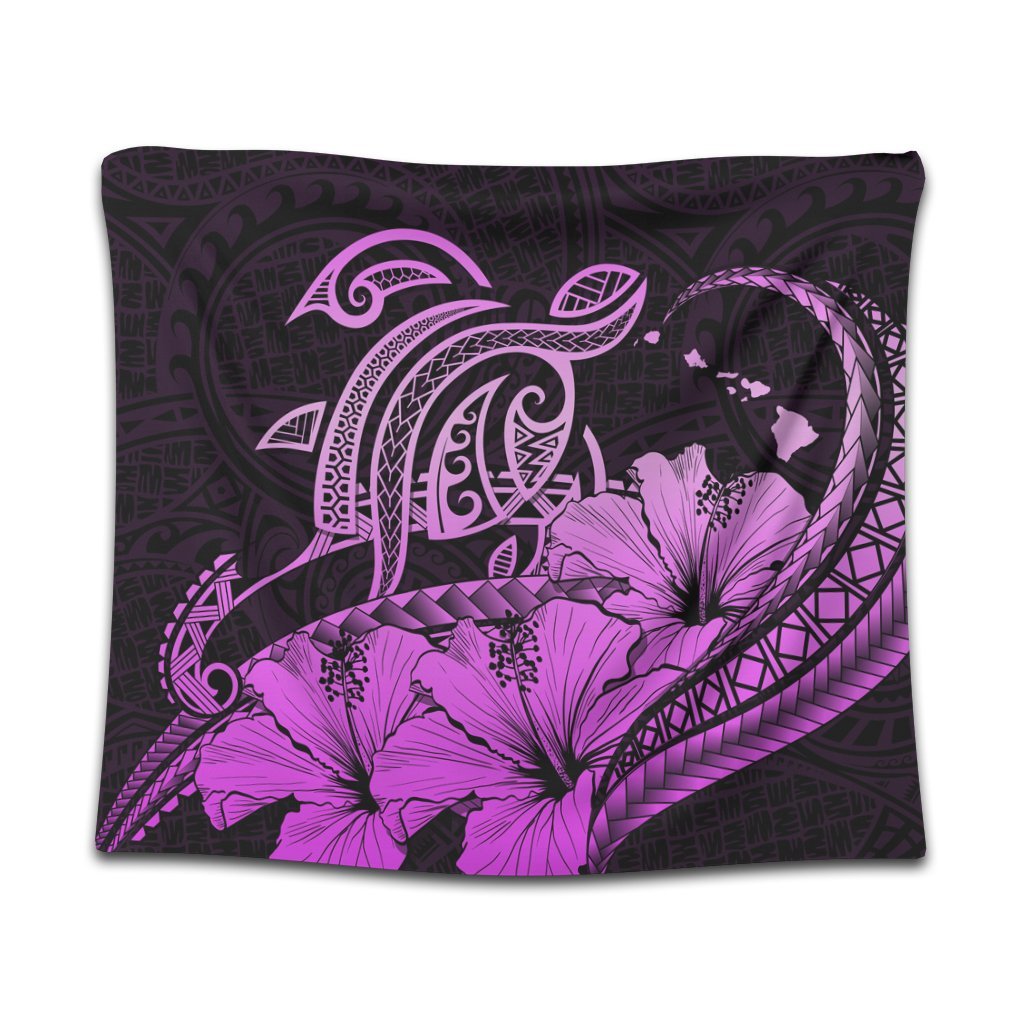 Hawaii Turtle Map Polynesian Tapestry Safety Pink - AH Wall Tapestry Black - Polynesian Pride