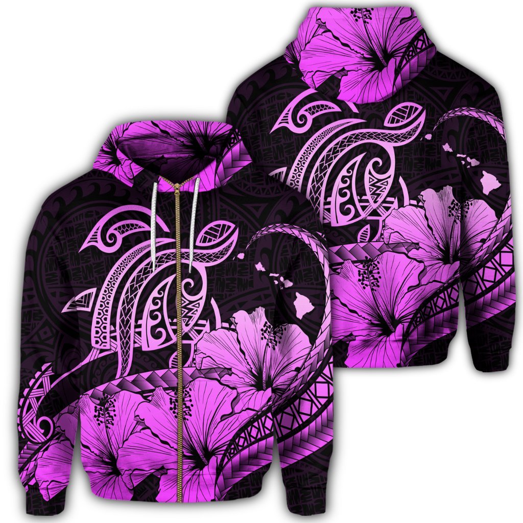 Hawaii Turtle Map Polynesian Zip Hoodie Safety Pink Unisex Art - Polynesian Pride
