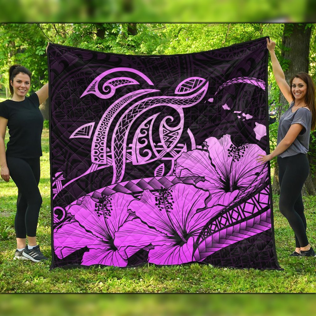 Hawaii Turtle Map Polynesian Premium Quilts Safety Pink - AH Black - Polynesian Pride