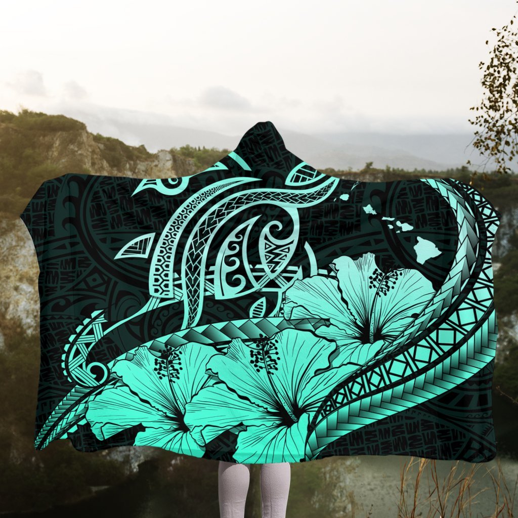 Hawaii Turtle Map Polynesian Hooded Blanket Safety Turquoise - AH - Polynesian Pride