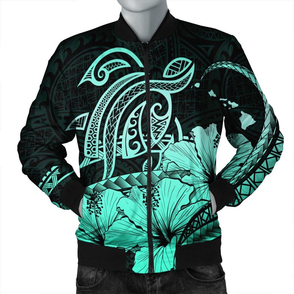 Hawaii Turtle Map Polynesian Bomber Jacket Safety Turquoise - AH Black Unisex - Polynesian Pride