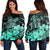 Hawaii Turtle Map Polynesian Women's Off Shoulder Sweater Safety Turquoise - AH Black - Polynesian Pride