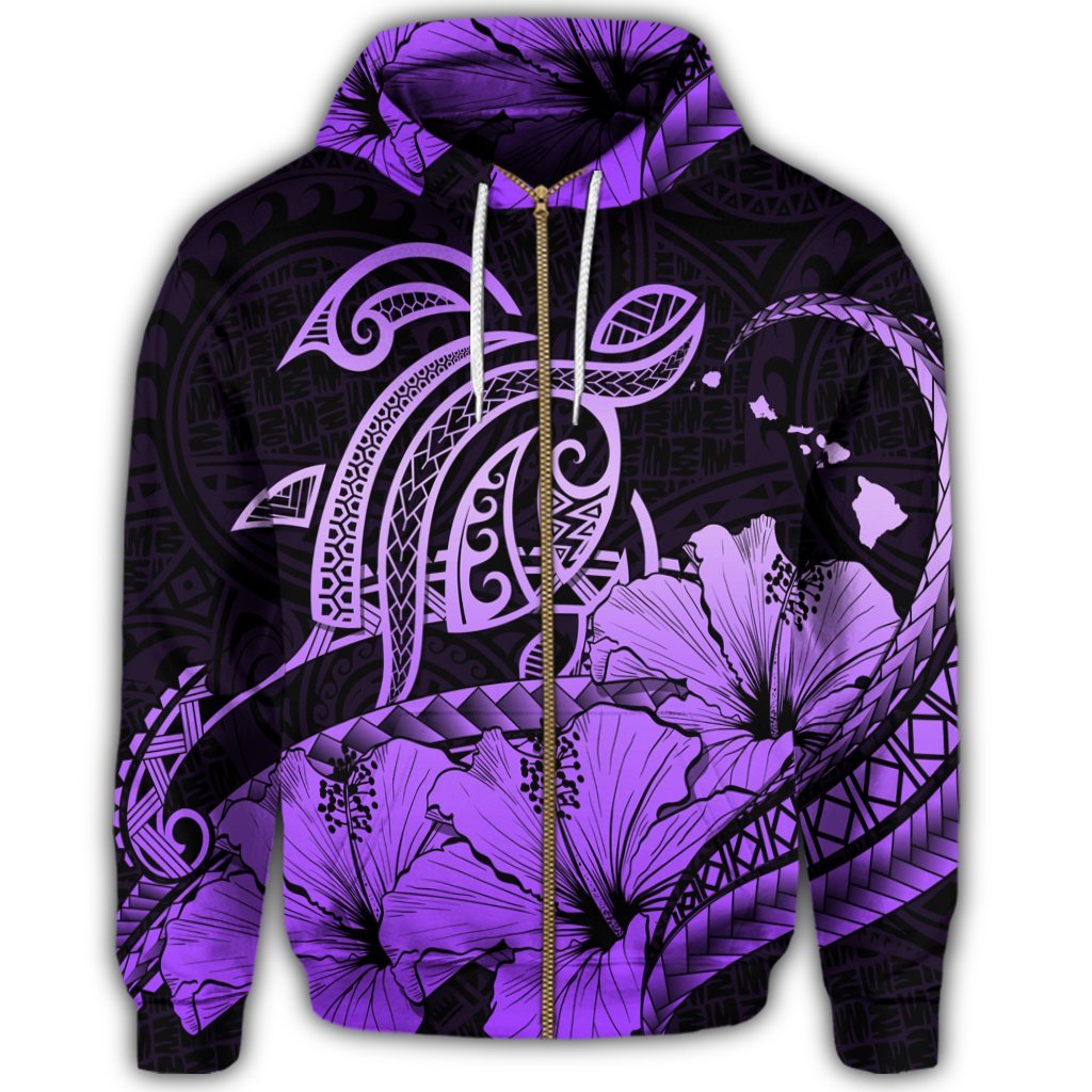 Hawaii Turtle Map Polynesian Zip Hoodie Safety Violet 2 - Polynesian Pride