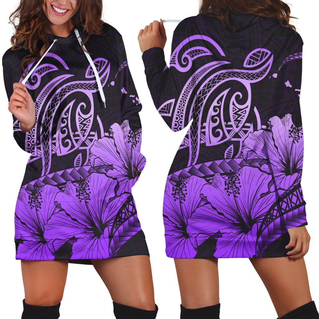 Hawaii Turtle Map Polynesian Hoodie Dress Safety Violet 2 - AH Black - Polynesian Pride