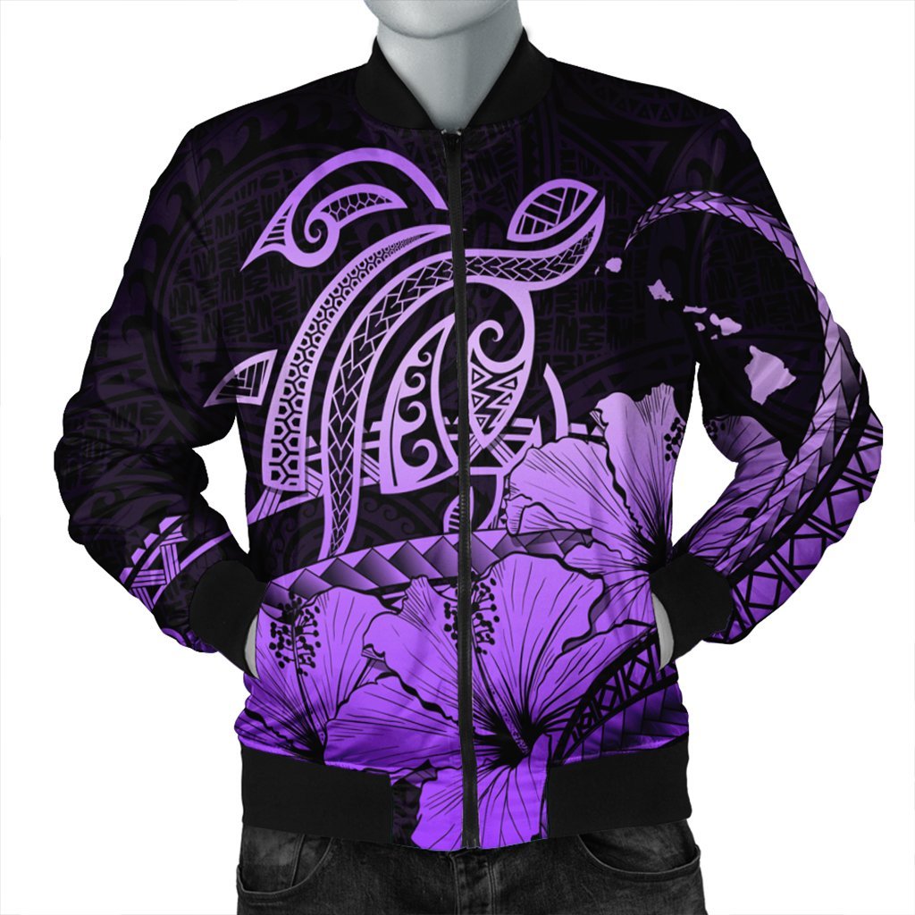 Hawaii Turtle Map Polynesian Bomber Jacket Safety Violet 2 - AH Black Unisex - Polynesian Pride