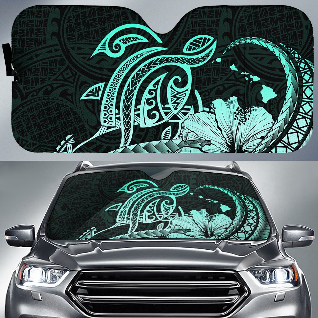 Hawaii Turtle Map Polynesian Car Sun Shade Safety Turquoise AH Auto Sun Shade Universal Fit White - Polynesian Pride