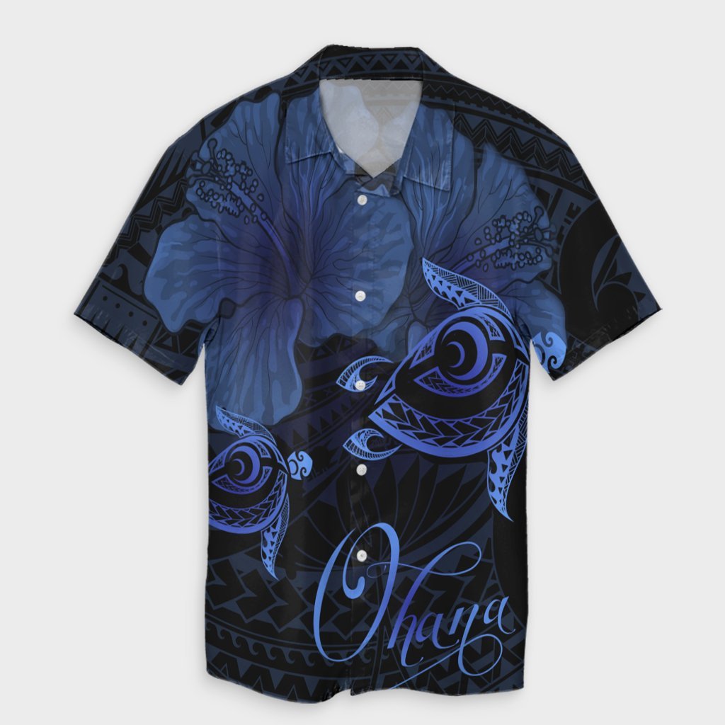 Hawaii Turtle Ohana Hibiscus Poly Hawaiian Shirt - Blue - AH Unisex Black - Polynesian Pride
