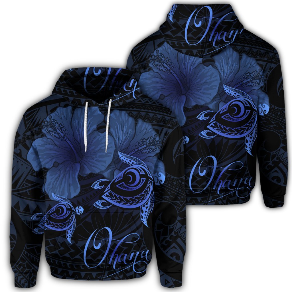 Hawaiian Turtle Ohana Hibiscus Poly Hoodie Blue Unisex Art - Polynesian Pride