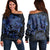 Hawaii Turtle Ohana Hibiscus Poly Women's Off Shoulder Sweater - Blue - AH Black - Polynesian Pride