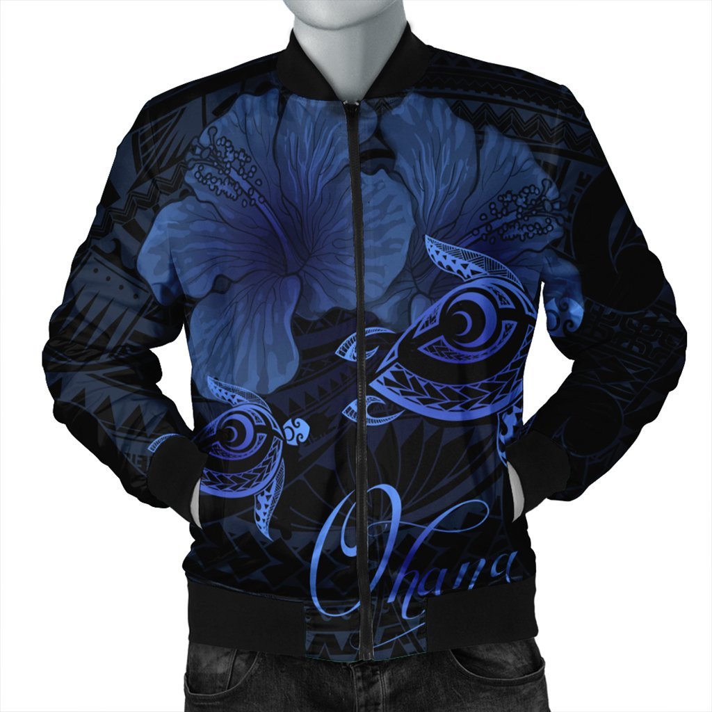 Hawaii Turtle Ohana Hibiscus Poly Bomber Jacket - Blue - AH Black Unisex - Polynesian Pride