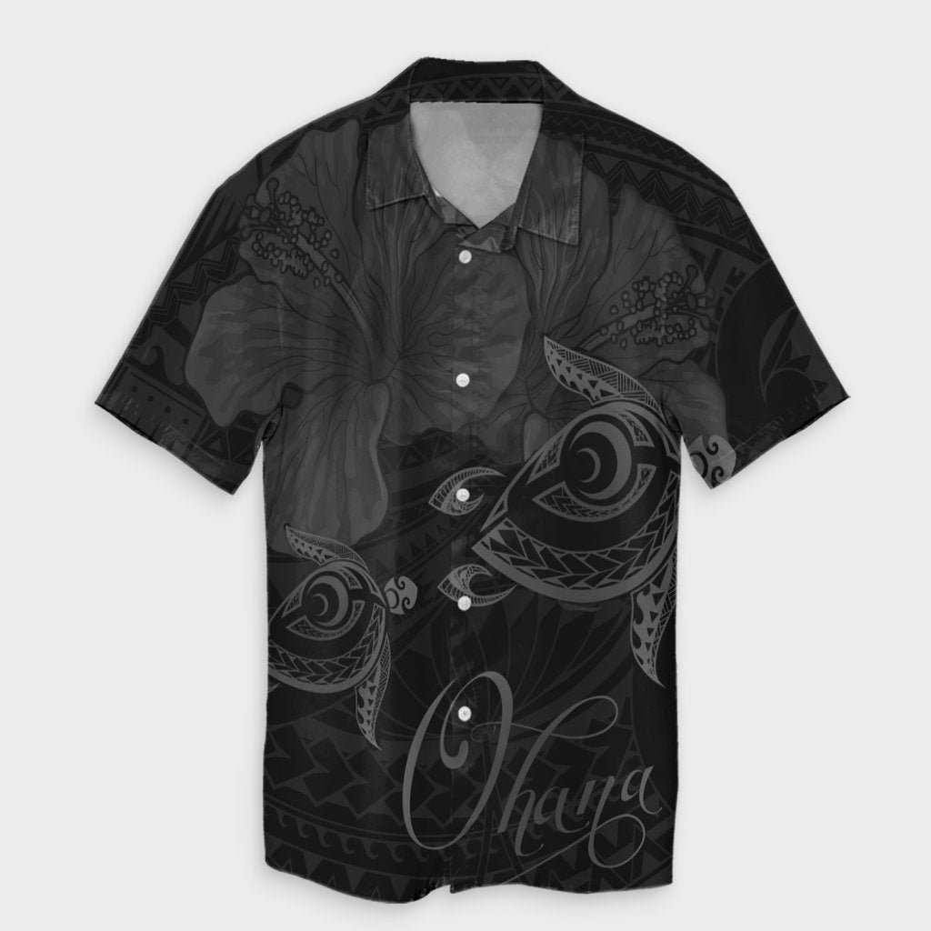 Hawaii Turtle Ohana Hibiscus Poly Hawaiian Shirt - Gray - AH Unisex Black - Polynesian Pride