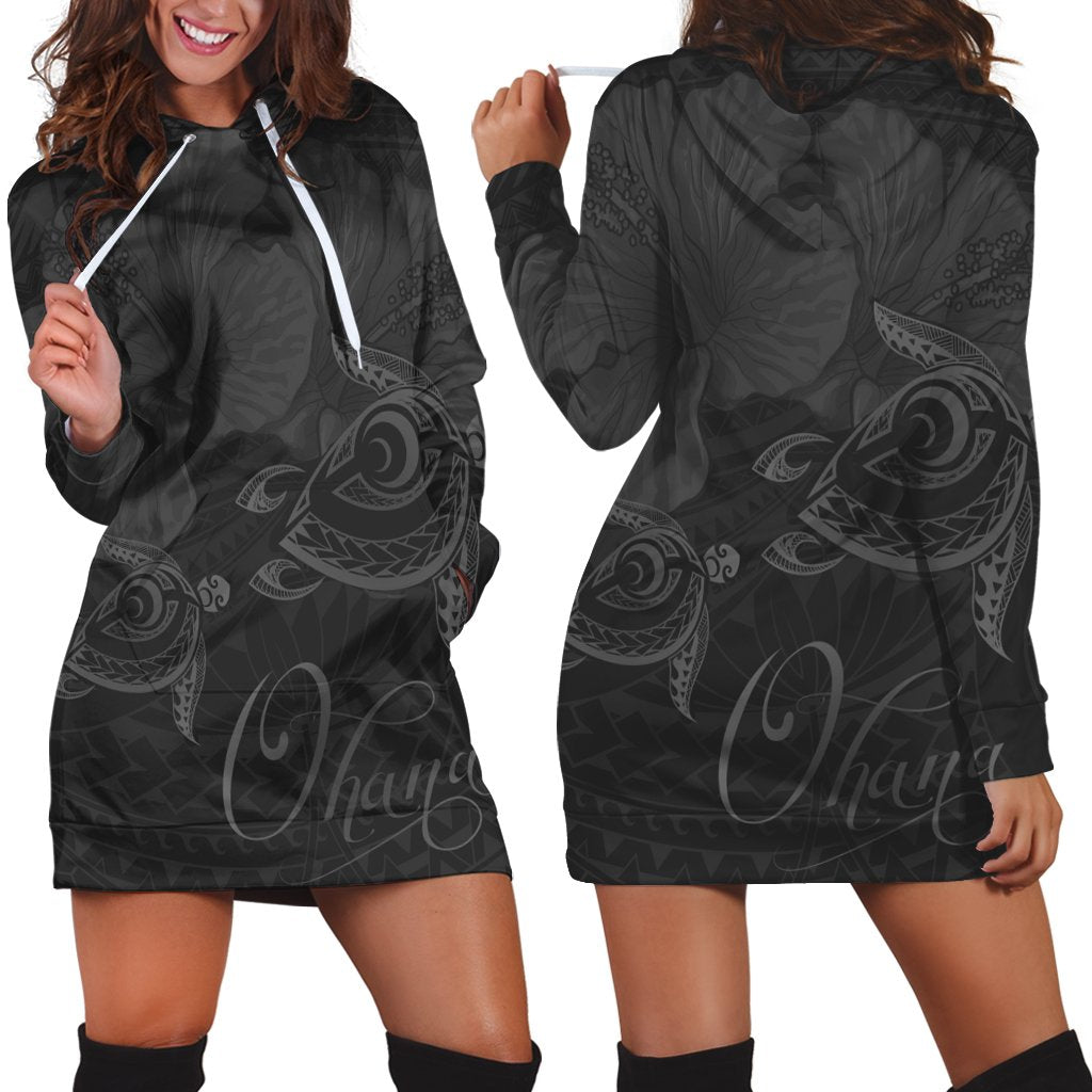 Hawaii Turtle Ohana Hibiscus Poly Hoodie Dress - Gray - AH Black - Polynesian Pride