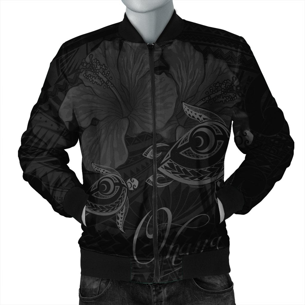 Hawaii Turtle Ohana Hibiscus Poly Bomber Jacket - Gray - AH Black Unisex - Polynesian Pride