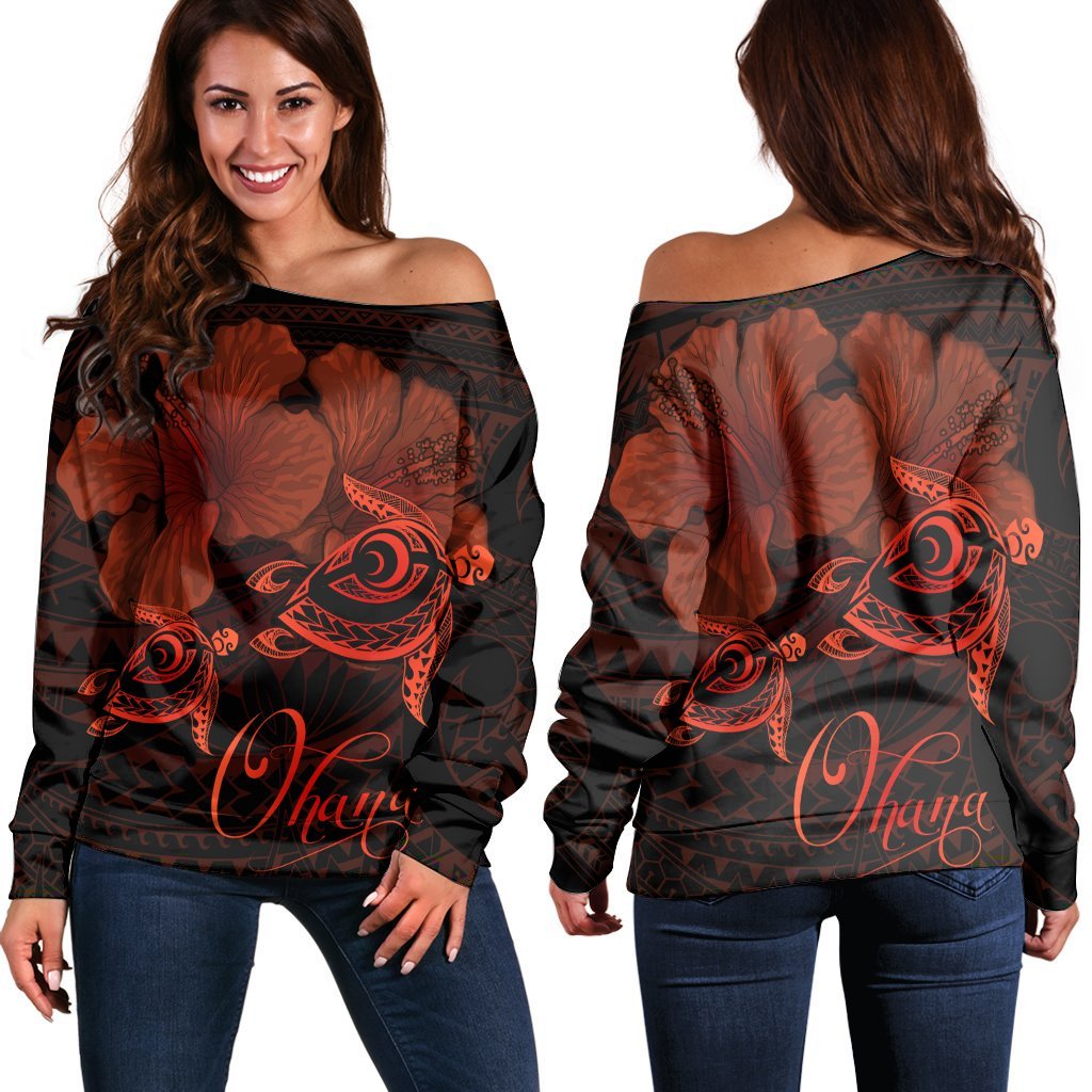 Hawaii Turtle Ohana Hibiscus Poly Women's Off Shoulder Sweater - Orange - AH Black - Polynesian Pride