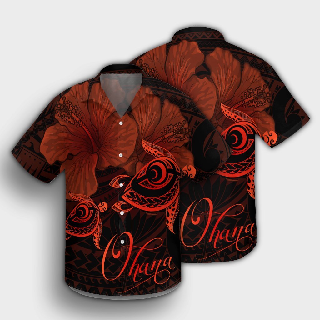 Hawaii Turtle Ohana Hibiscus Poly Hawaiian Shirt - Orange - AH - Polynesian Pride