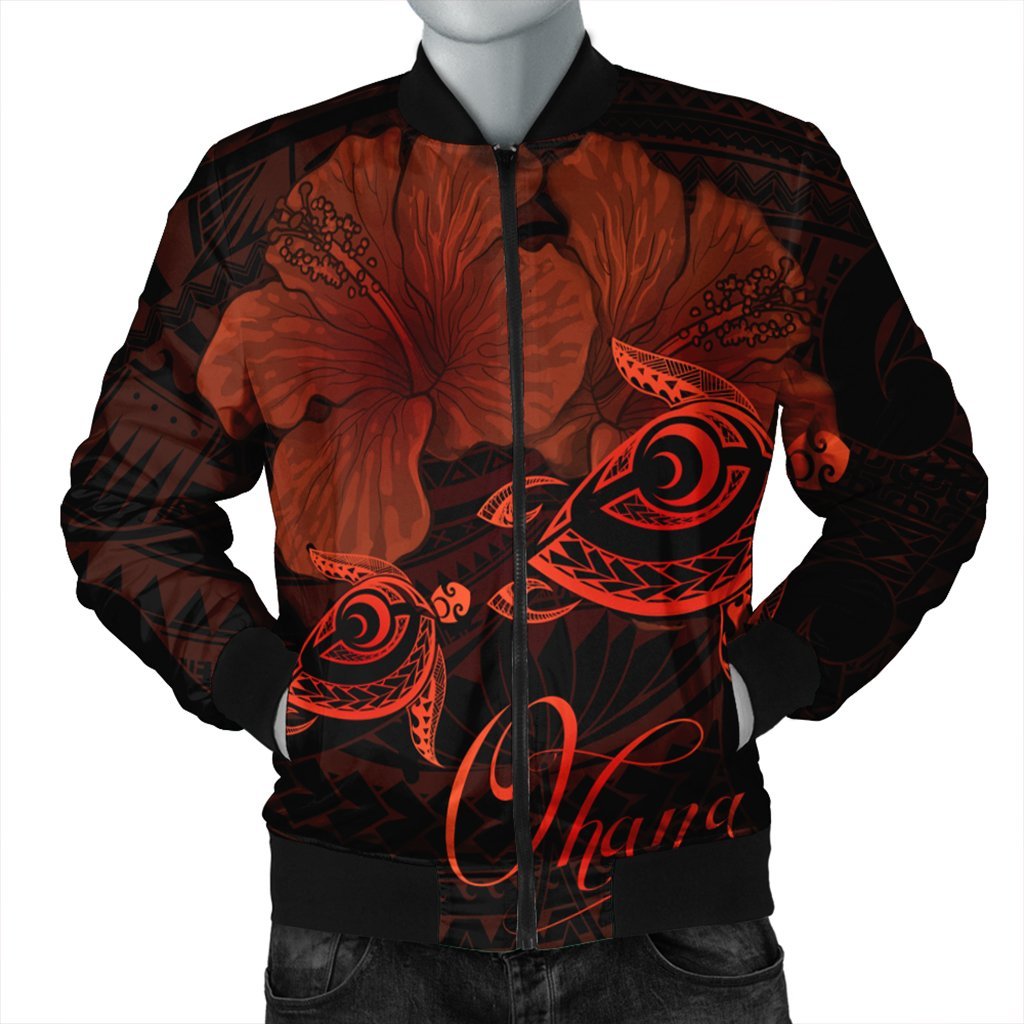 Hawaii Turtle Ohana Hibiscus Poly Bomber Jacket - Orange - AH Black Unisex - Polynesian Pride