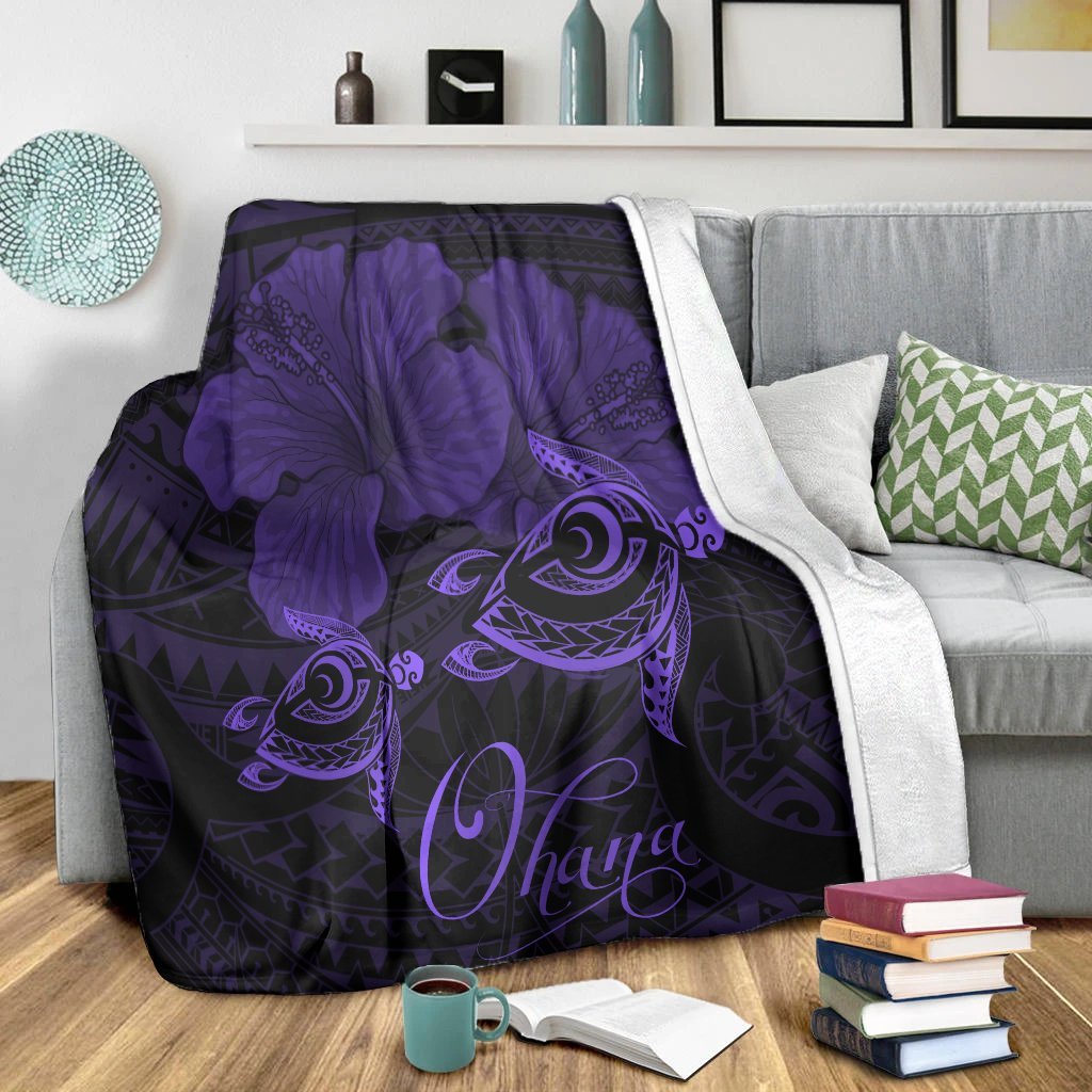 Hawaii Turtle Ohana Hibiscus Poly Premium Blankets - Purple - AH - Polynesian Pride