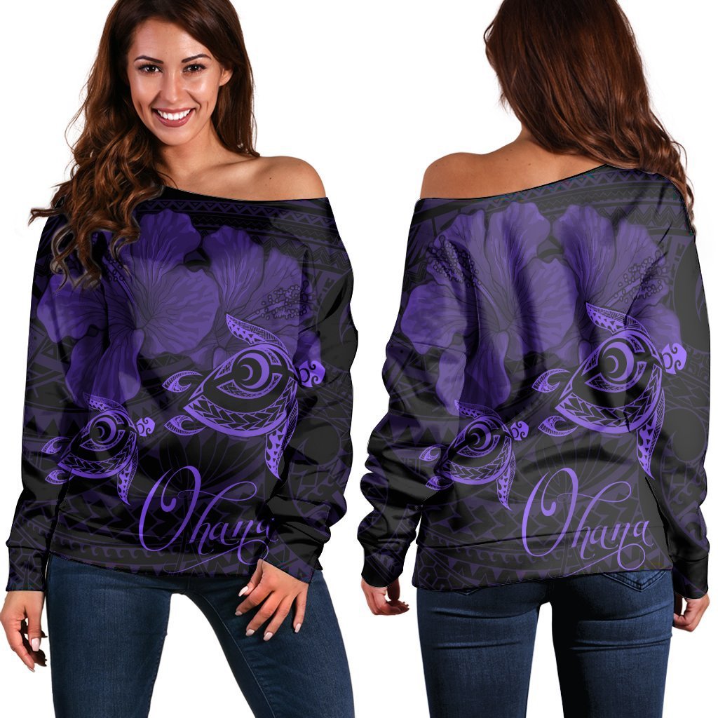 Hawaii Turtle Ohana Hibiscus Poly Women's Off Shoulder Sweater - Purple - AH Black - Polynesian Pride