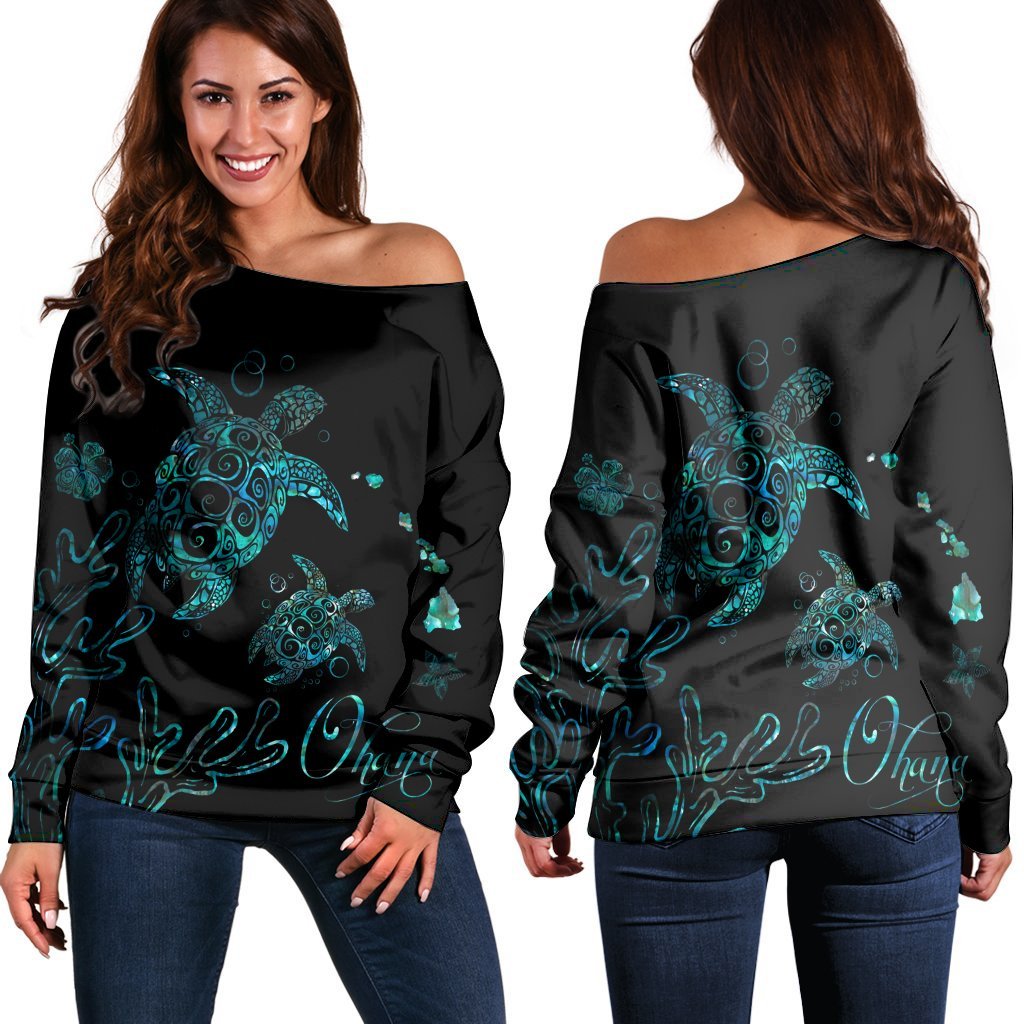 Hawaii Turtle Ohana Paua Shell Women's Off Shoulder Sweater - AH Black - Polynesian Pride