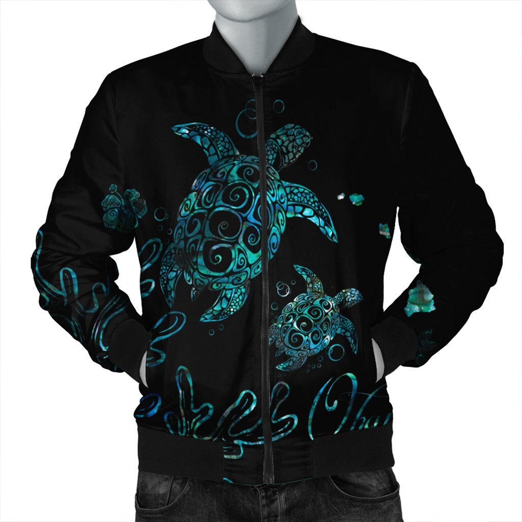 Hawaii Turtle Ohana Paua Shell Bomber Jacket - AH Black Unisex - Polynesian Pride