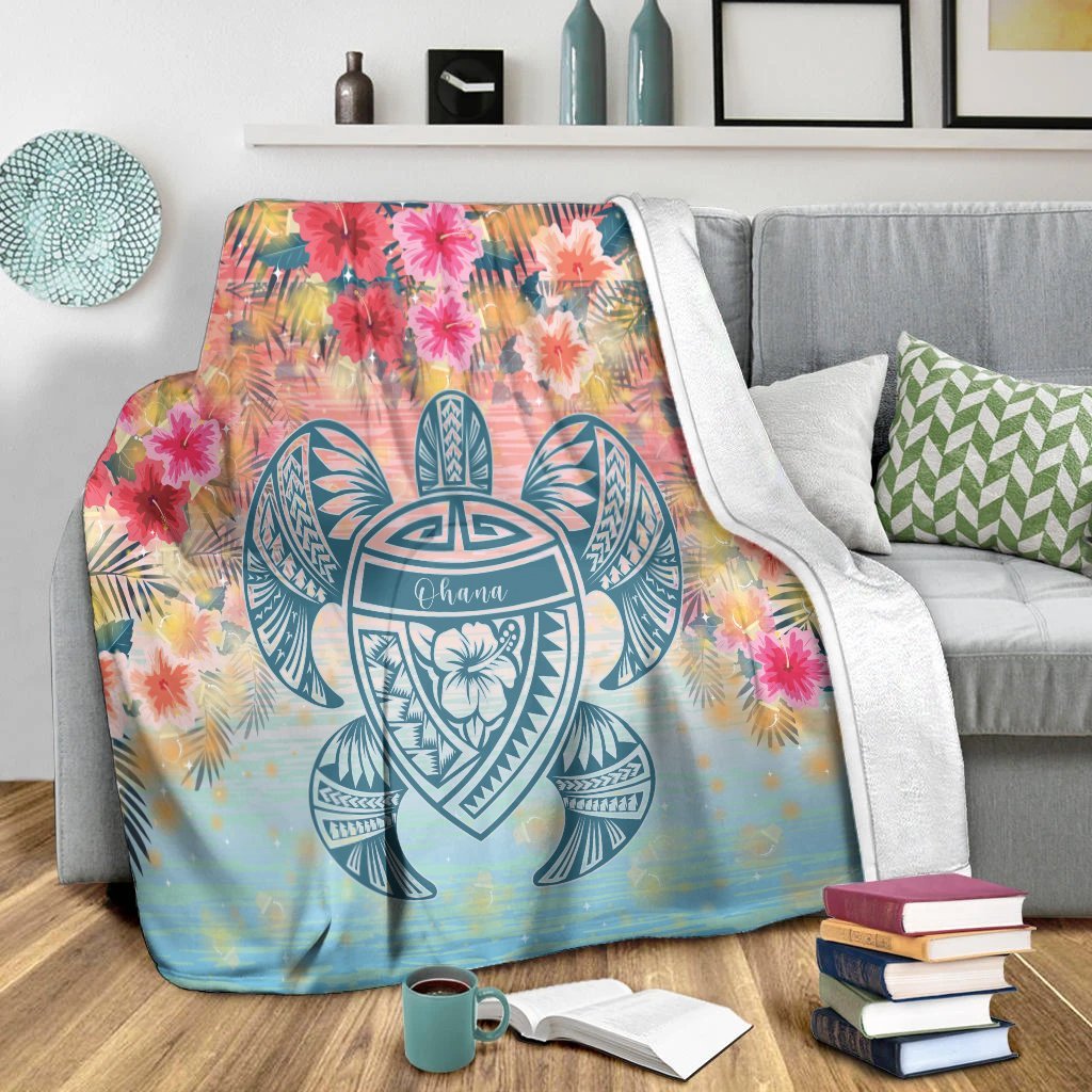 Hawaii Turtle Ohana Stary Night Hibiscus Premium Blankets - AH - Polynesian Pride
