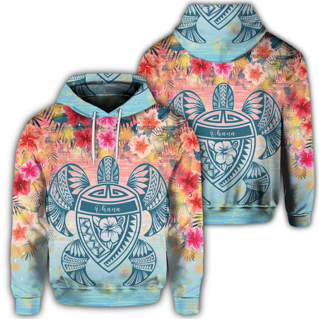 Hawaiian Turtle Ohana Stary Night Hibiscus Hoodie Unisex Art - Polynesian Pride