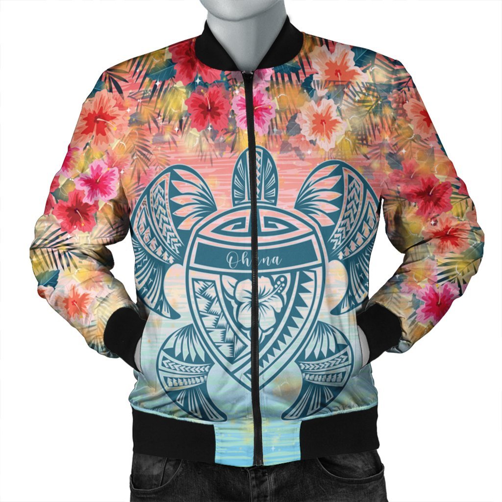 Hawaii Turtle Ohana Stary Night Hibiscus Bomber Jacket - AH Black Unisex - Polynesian Pride