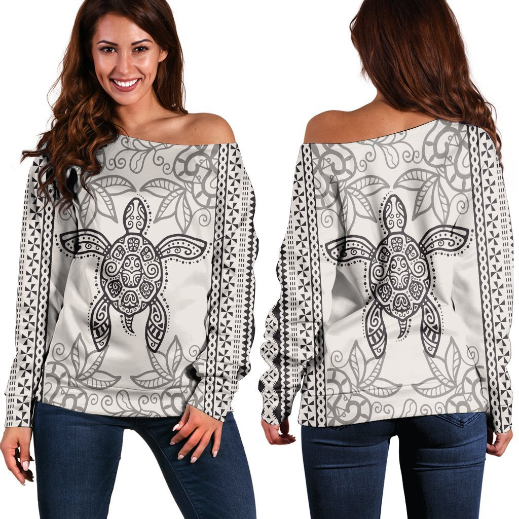 Hawaii Turtle Pattern Women's Off Shoulder Sweater - AH Black - Polynesian Pride