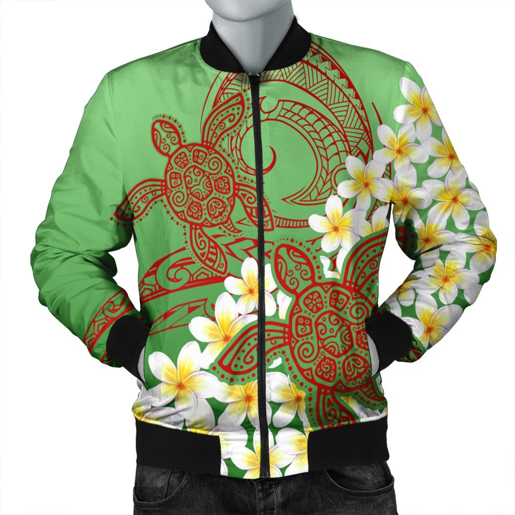 Hawaii Turtle Plumeria Bomber Jacket - Green Style - AH Black Unisex - Polynesian Pride