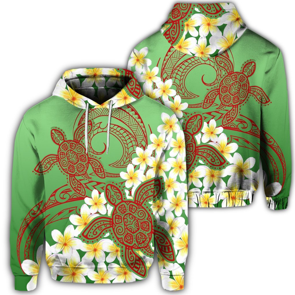 Hawaiian Turtle Plumeria Hoodie Green Style Unisex Art - Polynesian Pride