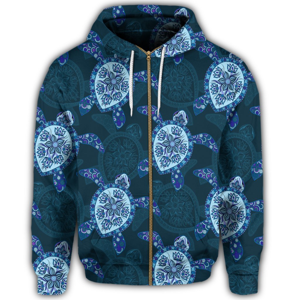 Hawaii Turtle Plumeria Blue Zip Hoodie - Polynesian Pride