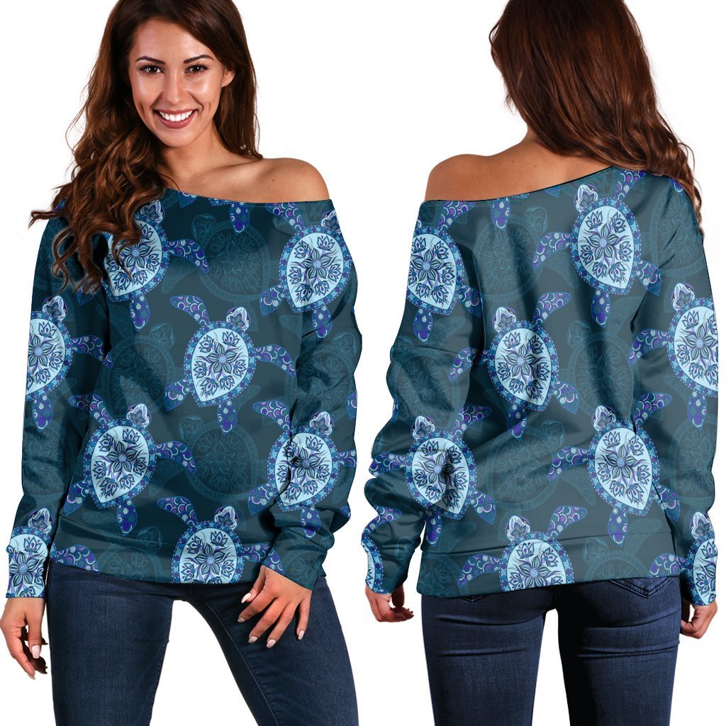 Hawaii Turtle Plumeria Blue Women's Off Shoulder Sweater - AH Black - Polynesian Pride