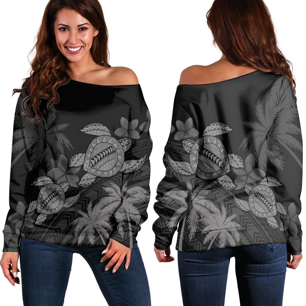 Hawaii Turtle Plumeria Coconut Tree Polynesian Women's Off Shoulder Sweater - Gray - AH Black - Polynesian Pride