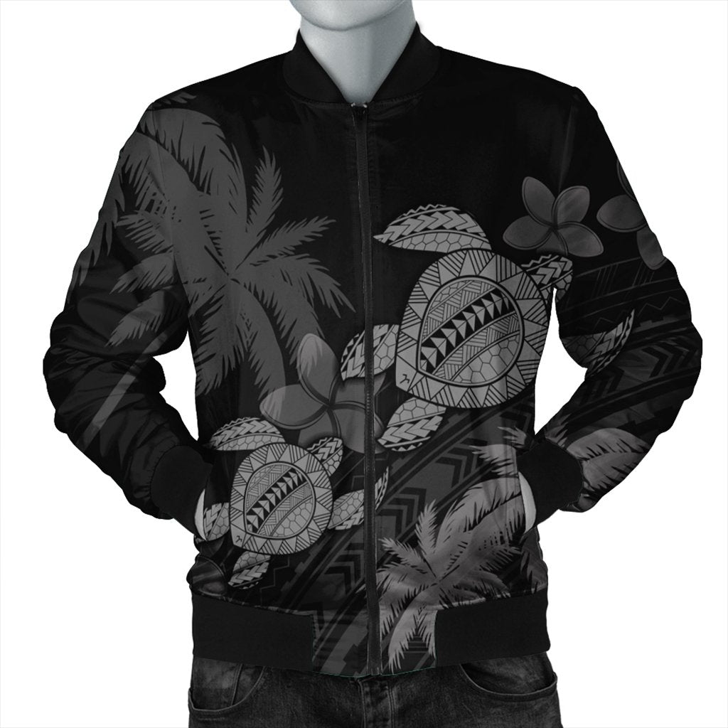 Hawaii Turtle Plumeria Coconut Tree Polynesian Bomber Jacket - Gray - AH Black Unisex - Polynesian Pride